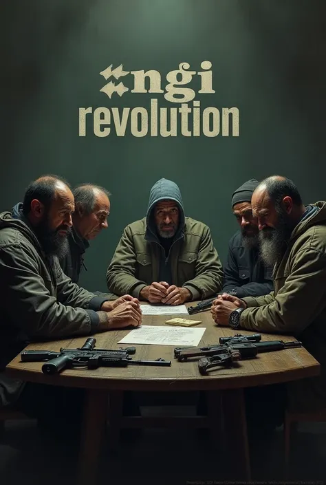 4 terrorists rough dressing sitting around the table with weapons and the background with the name "☆NGI•REVOLUTION☆"