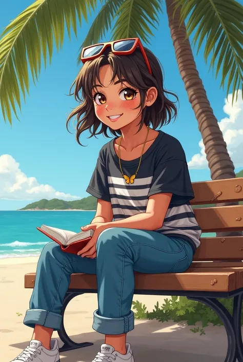  Create an image of a girl with half-wrapped hair  ,brown eyes, with sunglasses over her head ,a necklace of a butterfly , sitting on a bench under palm trees and in the background a beach the girl wears jeans and a black and white t-shirt with stripes and...