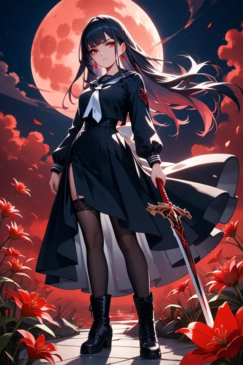 (1 woman, beautiful girl,  Princess cut,  black hair,  long hair, bangs,  Crimson Eyes,  pretty eyes,  beautiful eyes ,  pitiful gaze ,  serious expression ), ((black sailor suit), long sleeves, black skirt, white tie, (( Black Stockings:1.3)), black laced...