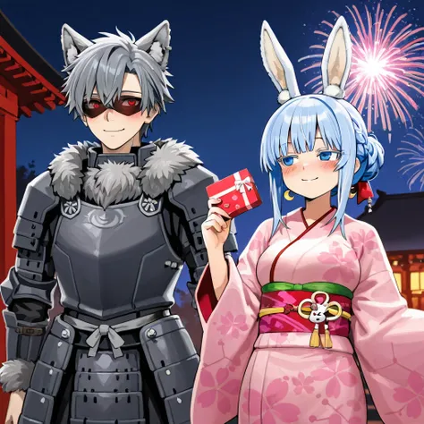 Male semi-human werewolf gray hair,  smile,  red eyes, Japanese gray armor with shades of red ,  wolf ears, Giving a gift to a Nanachi Bunny Ears,  crescent earrings ,  blue eyes, blush,  smiling,  Blue Hair,  slender body,  medium breasts, with a kimono w...