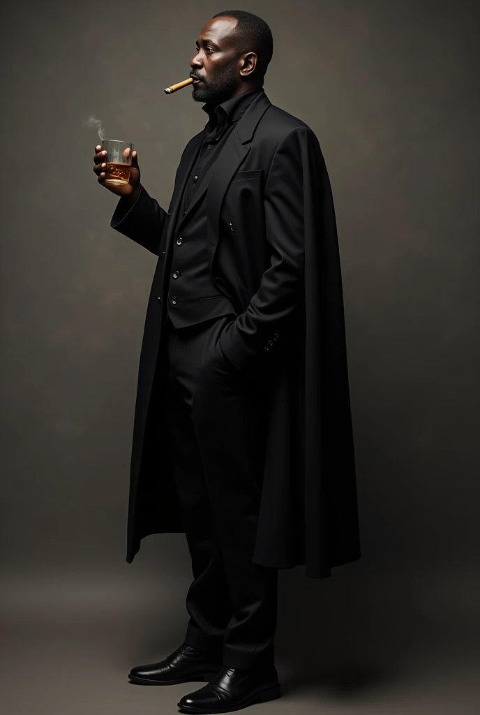  Tall man , negro, With a cape and Carola ,  dressed all in black.  Seen from head to toe .  In his right hand he holds a glass of whiskey .  in his left hand he holds a cigar still in his mouth. He's a bit in profile 