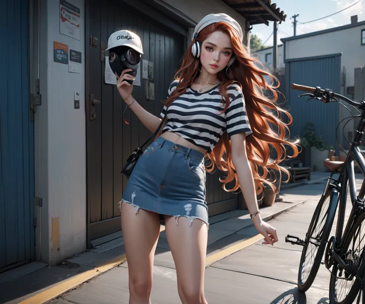 beauty woman, standing posed, holding bag, near bicycle at garage door,  BREAK, (+forehead, long hair, wavy hair, reddish-orange brown hair, white hat, headphone around her neck), BREAK, ( (white and black striped t-shirt, 2 colored tone t-shirt), denim pe...