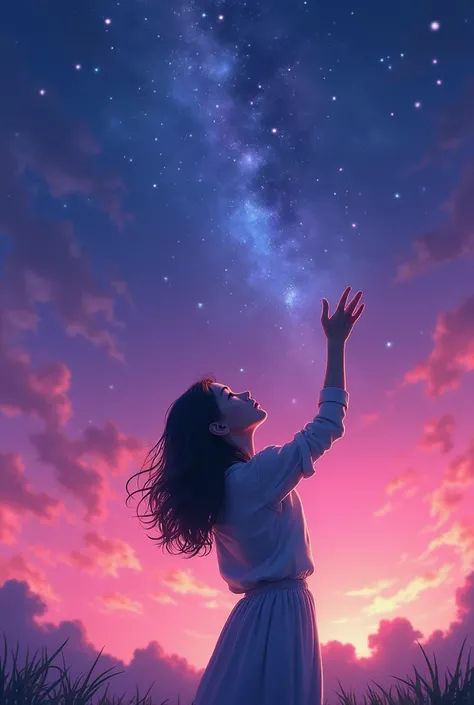 a girl looking/Touching the Sky /stars ( Phone wallpaper ) in pink-violet-blue-sky