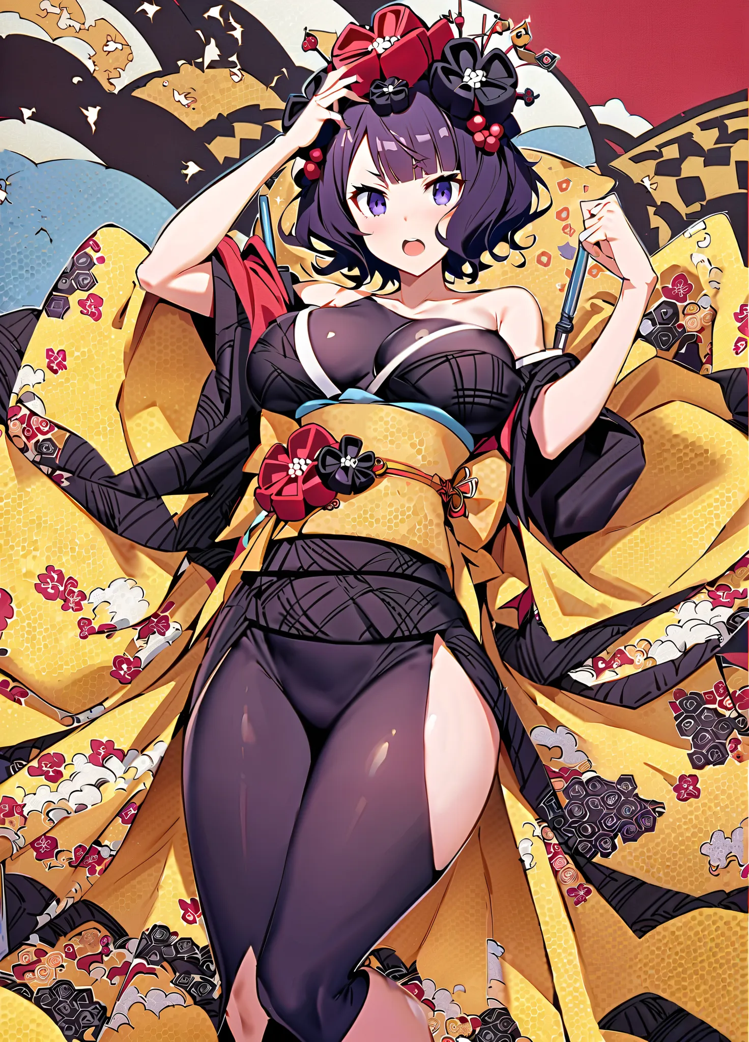 score_9, score_8_up, score_7_up, professional anime,HD,easynegative,1girl,solo,(katsushika hokusai, from Fate Grand Order),perfect body,wide hips,katsushika hokusai,Purple hair,kimono,bare shoulder,hair accesory,large breasts,