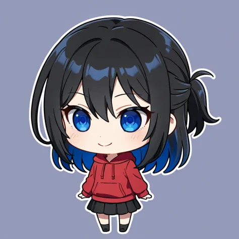 half up hair, Center part, hair color is blue, They have large round drooping eyes and  blue eyes,wear a large short red hoodie and a short black skirt,It combines a cute atmosphere with a mysterious atmosphere, bunches of eyelashes,condescending look and ...