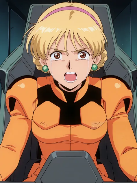 masterpiece, best quality, newest, absurdres, highres, detailed eyes, beautiful, detailed background, perfect eyes, anime coloring, anime screencap, 1990s \(style\), 1girl , Alone, KATEJINA'S STORY. blonde hair, short hair, single bun, french braid, pin...