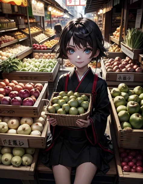 1 Japanese girl ,(big eyes:1.0) ,brown eyes ,light_brown hair ,short hair ,cute ,kawaii ,tiny earrings ,merchant ,greengrocer ,over_all ,mangosteen ,sells mangosteen ,sitting ,smile ,looking at viewer ,from diagnary above ,daytime ,in the lively market ,ma...