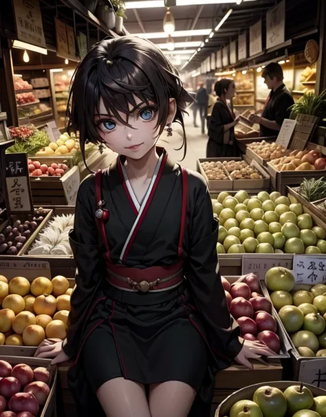 1 Japanese girl ,(big eyes:1.0) ,brown eyes ,light_brown hair ,short hair ,cute ,kawaii ,tiny earrings ,merchant ,greengrocer ,over_all ,mangosteen ,sells mangosteen ,sitting ,smile ,looking at viewer ,from diagnary above ,daytime ,in the lively market ,ma...