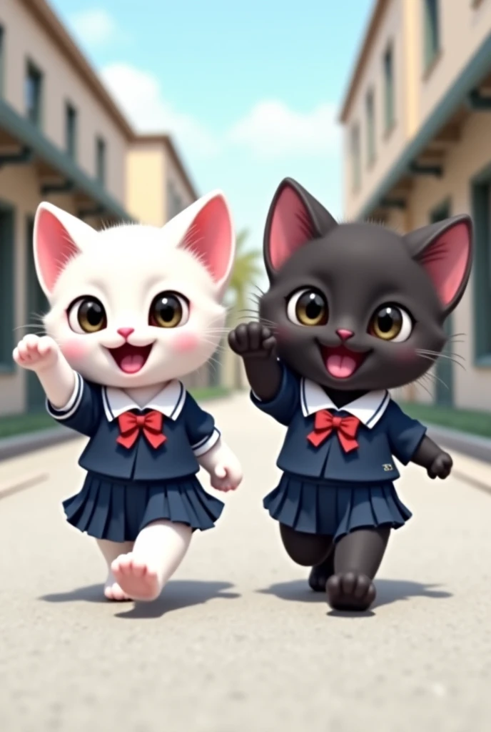 Two kittens, one white and one black, are depicted in a school uniform.  The white kitten, positioned slightly to the left of center, is pointing with its front right paw and has a joyful, wide-eyed expression.  The black kitten, positioned slightly to the...