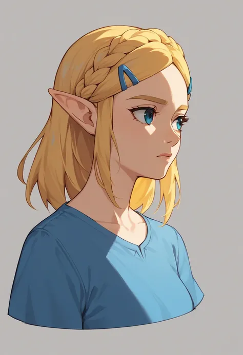 score_9, score_8_up, score_7_up, BREAK 1girl, solo, princess zelda, portrait, grey background, glowing, blonde hair, blue shirt, medium hair, shadow