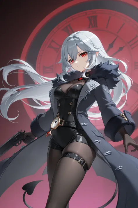 、 best thighs、 Genshin、Dispatched Light Wheel、 beautiful skin、Clear shadows、front、 long coat、Gray Hair、 red eyes、 black tights、Machine clothes、 long hair、clock、 succubus tail、gun