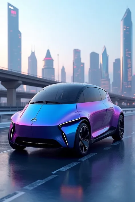 Une petite voiture çompacte de couleur dégradée bleue violet futuriste et moderne.