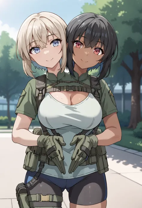 2heads, twoheads, a tall thin woman with 2 heads, white hair, black hair, blue eyes, red eyes, half dark skin and light beige skin, two tone skin, light beige skin, dark skin, short hair, green combat shirt, bike shorts, gloves, tactical gear, large breast...