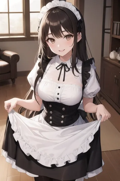  Masterpiece、 top quality、 beautiful、Fine Lines、 girl、 brown hair at the gym、 long hair、 brown eyes、smile、Pale lips、black maid clothes、gothic lolita maid clothes、White apron、 black pantyhose、 living room 、