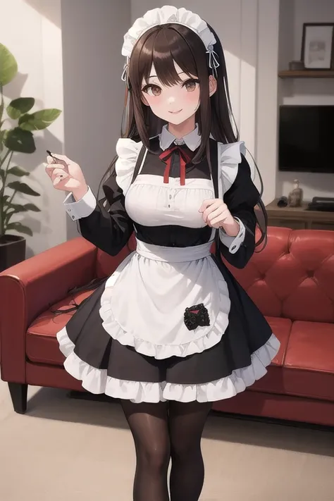  Masterpiece、 top quality、 beautiful、Fine Lines、 girl、 brown hair at the gym、 long hair、 brown eyes、smile、Pale lips、black maid clothes、gothic lolita maid clothes、White apron、 black pantyhose、 living room 、