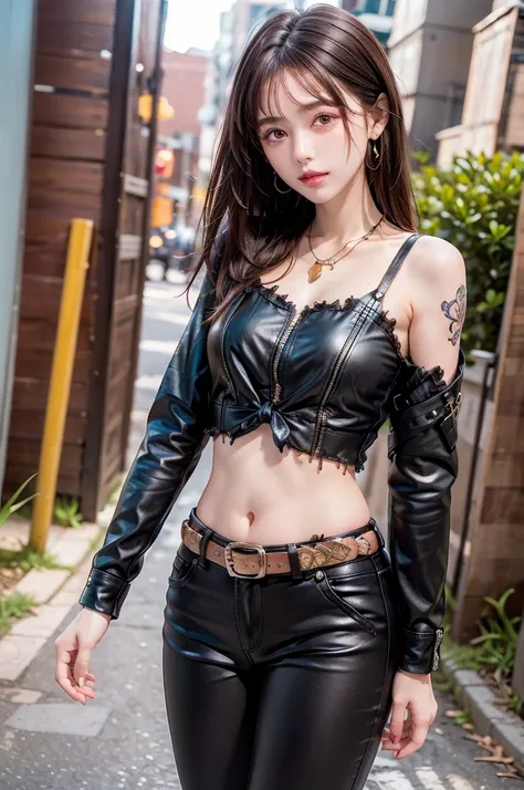 (((cowboy shot:1.2))), from front, look at viewer, nsfw, 
1 girl, sexy and beautiful girl, shiny skin, (((slender:1.2))), 
((smooth straight brown hair:1.2)), 
(black leather jacket with intricate embroidery:1.2), 
(ripped black tight shirt:1.2), 
(Frayed ...