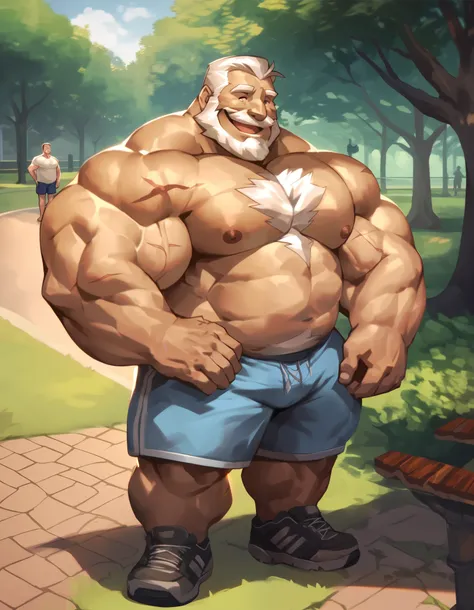 2boys, duo, hug, a man with big giant muscle tall body, a (male human):1.4, old man, smile, happy, topless, shirtless. full body, standing, solo, very big, very tall, very muscular,chest scar, shorts, park, nipples