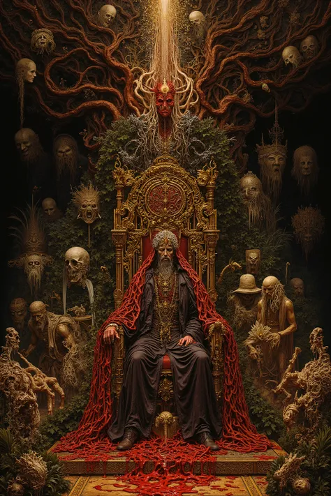 big 1 men sitting on the throne,many mask in sky,many people wearing mask,((astrology,tarot cards:1.5)),body horror,biomachine,(bloody),moon, living being, (vivid color),(colorful),(tangled:1.2),(wearing robe:1.2), H.R Giger style,Gustav Klimt Style,Yosh...