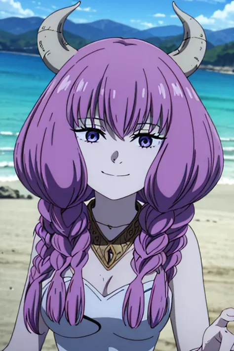 AURA THE GUILLOTINE, LONG HAIR, (PURPLE EYES:1.1), PURPLE HAIR, BRAID, HORNS, TWIN BRAIDS, (perfect anatomy), best quality, anime, at a beach, wearing a wedding dress, ocean waves, seagulls, aura walking , 1girl, solo, upper body, facing viewer, looking at...