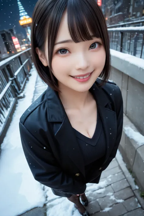 Very detailed, Detailed, Best Quality, Ultra High Resolution, Highest Resolution, ((Wide Angle, Full Body Photo, 20 year old Japanese woman in a long black coat))), Happy smiling face, Detailed facial expression, Detailed eye depiction, Wide open eyes, Cut...