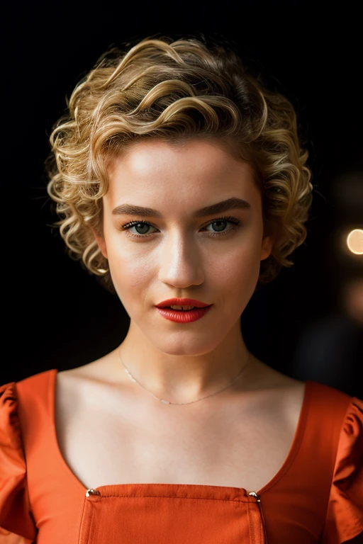 Foto  realistically de uma bela mulher jul14g4rn3r,  1 ,  alone,  looking at the spectator,  short hair,  blonde hair,  simple background, shirt,  Upper body , parted lips, Teeth, lips, makeup,  black background, red shirt,  curly hair,  realistically, red...