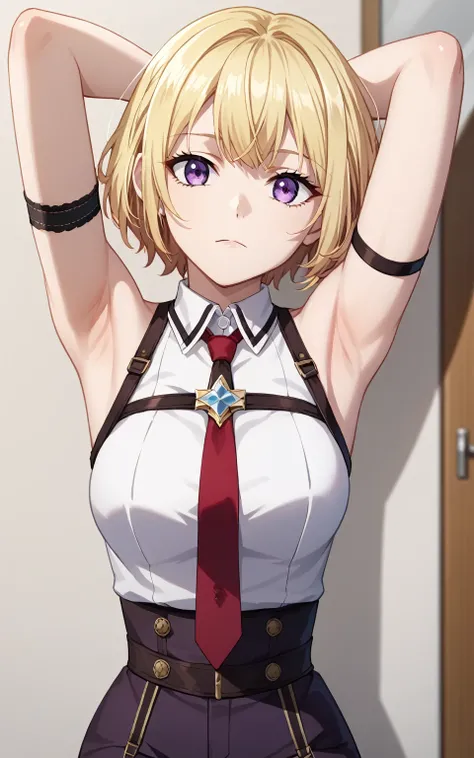 score_9, score_8_up, score_7_up, source_anime, masterpiece, best quality, amazing quality, anime screencap, 1girl, solo, Evelyn chevalier, purple eyes, blonde hair, short hair, collared shirt, white shirt, bare shoulders, yellow jewelry, necktie, high-wais...