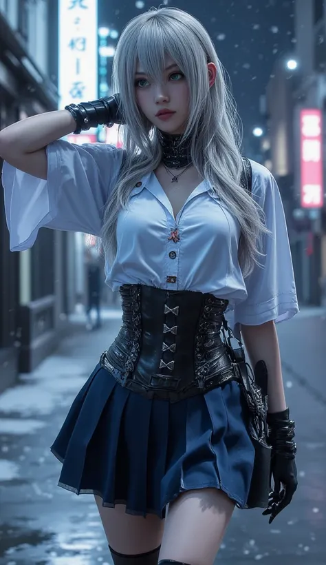  Full body image of an 18-year-old young woman with Japanese features . She has long ash-white hair .  Large, slightly torn sky blue eyes with black eyeliner.  She wears an almost black navy blue Filipina uniform with wide sleeves , The first button is unf...