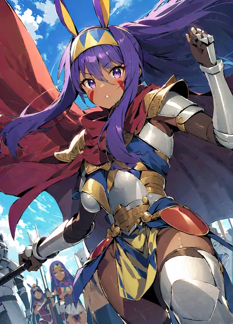 score_9, score_8_up, score_7_up, source_anime, ソロ、1人、nitocris, animal ears, dark skin, dark-skinned female, facial mark, hair between eyes, long hair, purple eyes, purple hair, sidelocks, medium breasts,, knight, armor, cape, sword, weapon, holding weapon,...