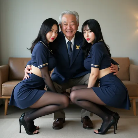 masterpiece , real photo, (full body:1.2), (((two korean beautiful young girls and one old korean man couple))), {two korean girls, early 20s aged, (black hair), red lips, curvaceous pinup curvy DD cup voluptuous, strikily beautiful, (beautiful_eyes, prett...