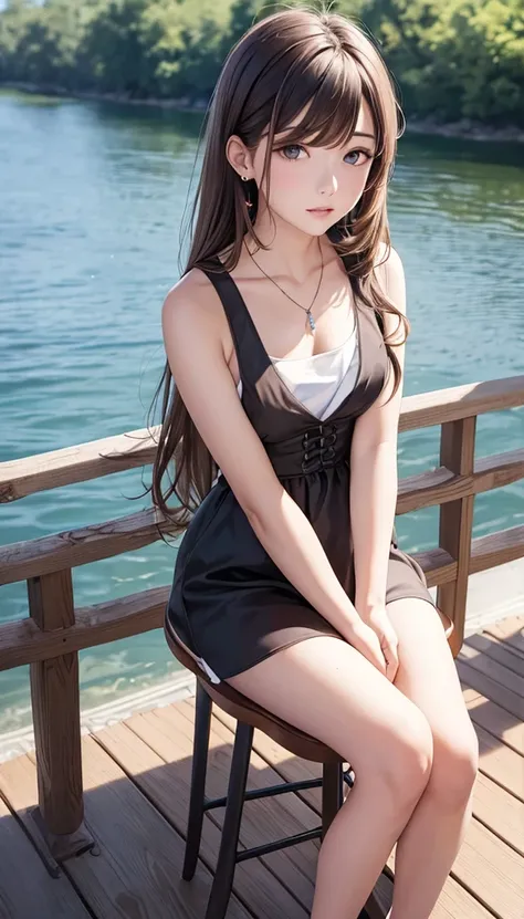  upper body, painting,  masterpiece,   Best Quality ,  high resolution,  long brown hair , jewelry hair clip , Chest, The similarity between the riverside and the chair , Sitting, Song, Song suit , 