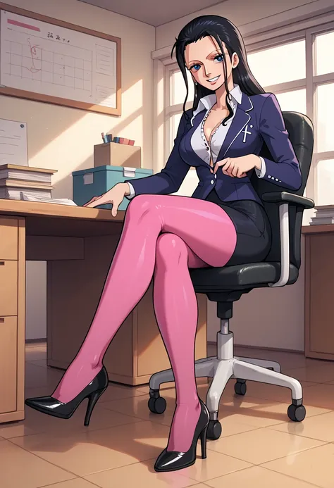  Nico Robin,  as a high school teacher ,  Long Thin Legs , blouse ( the upper button is off ),  wearing a blazer ,  wearing pantyhose ,   wearing a black skirt ,  wearing black buckle pumps high heels ,  teeth、 I'm sitting in an office chair wearing black ...