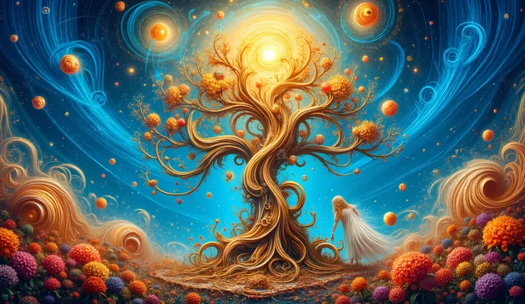  a vibrant and colorful artistic representation dominated by swirling blues and golds. In the center, a gnarled tree with golden leaves and colorful fruits stands tall against a backdrop of a deep blue sky. Above the tree, two suns radiate warmth, one larg...