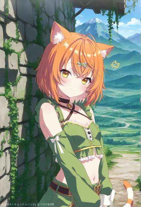 very awa, masterpiece, best quality, newest,  highres, aburdres、 Fantasy World 、 There is only one 、 nap cat、  nap cat　 virtual YouTuber、 catgirl 、 short hair、Auburn Hair、Cute single tusk、 very small breasts 、 Mountain Road Overgrown with Green Clothes 、 p...