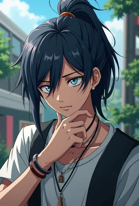 a middle-aged boy (19 years old), Boku no hero universe, long hair, jet black, Tied in a half ponytail, lip piercings, necklaces, bracelets, light blue eyes, calm expression, serious