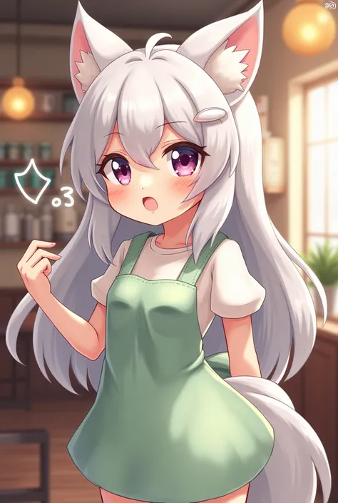 Temmie (from undertale) Gray long hair, white fur, cute face (:3), light Green apron with the breasts showing a little, in a coffee shop in the background