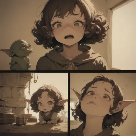  alone, female, 1 girl, (((goblin, orelhas de goblin))), hazel eyes, ((( curly hair,  short hair,  short girl , Short stack))),  open-mouthed, lipstick, opened her eyes wide, ((( surprised expression))),  fantasy village, layer