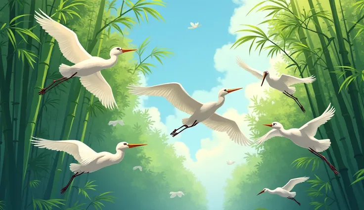 flocks of white storks flying on bamboo trees,  animation style 