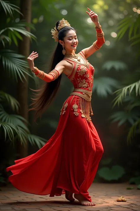 Thai Dancing Girl in Red Thai Dress, Hair Loose