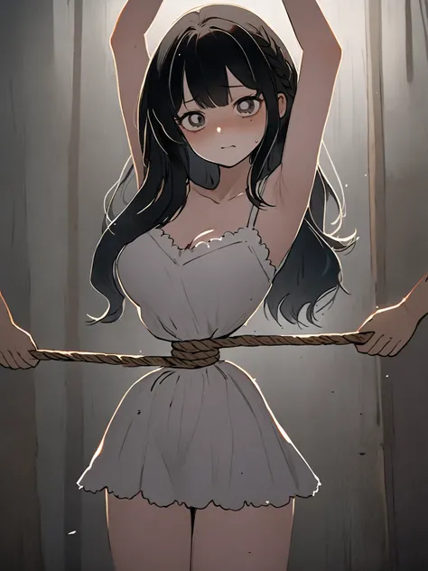 ((Real Picture Style     ))),((   masterpiece )), ((  top quality)), (  very well detailed ), torture chamber ,((( Hemp Rope Tightening Around the Waist ))), cute girl, White Lace Slip Dress,  beautiful black hair  ,(  beautiful dark eyes  ),  long hair,  ...