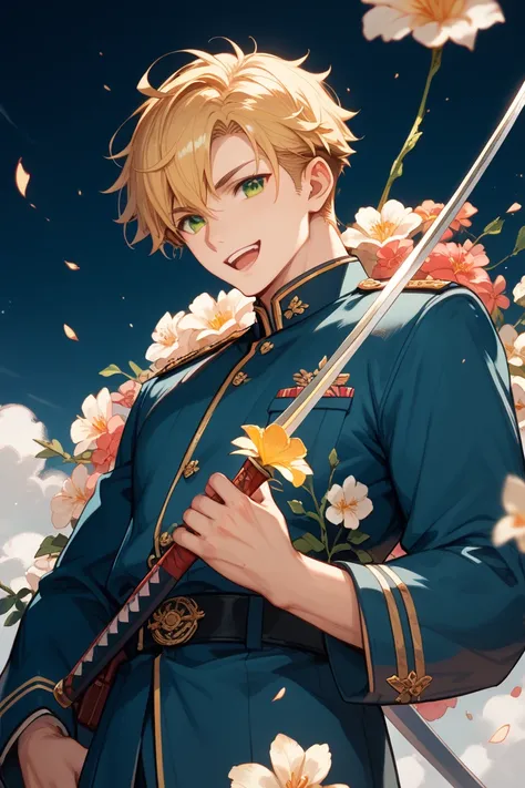  has golden hair, green eyes, thick body, and is about 189 cm tall、A man laughing like a broken flower wears a Japanese military uniform based on black from the Taisho period and carries a Japanese sword around his waist