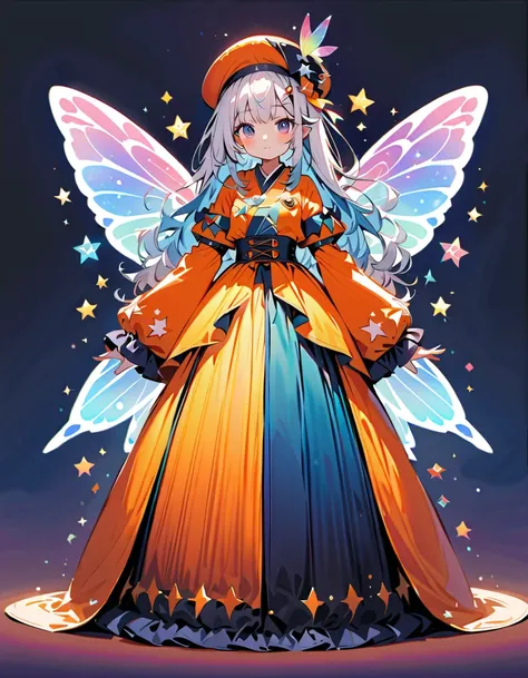 masterpiece, high quality, detailed, ultra detailed, hyper detailed, insanely detailed, exquisite, beautiful, full body shot, girl, blinking, best quality, milky white and blue gradient hair color, colorful and cute gothic kimono costume, star fairy, littl...