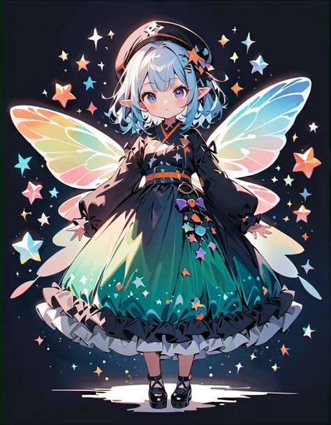 masterpiece, high quality, detailed, ultra detailed, hyper detailed, insanely detailed, exquisite, beautiful, full body shot, girl, blinking, best quality, milky white and blue gradient hair color, colorful and cute gothic kimono costume, star fairy, littl...