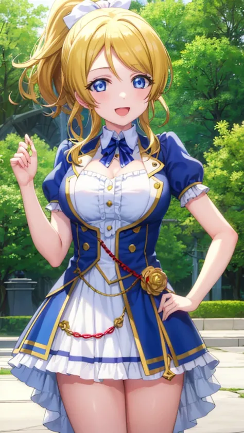 Masterpieces, Best Quality, girl, looking at viewer, eri ayase, blue eyes, blonde hair, ponytail, large breasts, princess connect Re:Dive cosplay, princess Dress, standing, smile, open mouth, outdoors 