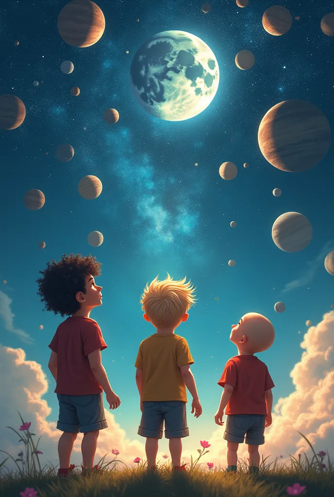 Making a universe with planets and the moon in the middle and above 3 boys and one of the boys has curlers, others blond and one bald