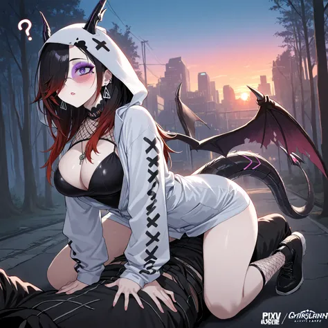 A dragon girl, dressed in an emo nurse outfit , With dragon wings and tail emo, Full body , and two eyeglass lenses sewn into the white mask on the hood,  a detailed painting by Jin Homura, pixiv, what is that?,  highly detailed face  , ( (  extreme detail...