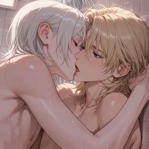 male focus,medium hair,blonde hair,white hair,blue eyes,bishounen,skinny,lips,portrait, multiple boys, 2 boys,cuddling, yaoi, french kiss,Bathroom,Shower,