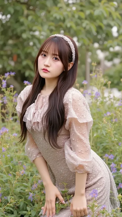 "A fantasy-themed virtual idol with long golden hair, wearing a shimmering, enchanted gown adorned with floating magical orbs and delicate wings. She is standing in a mystical forest with glowing flowers, performing a graceful, ethereal dance."