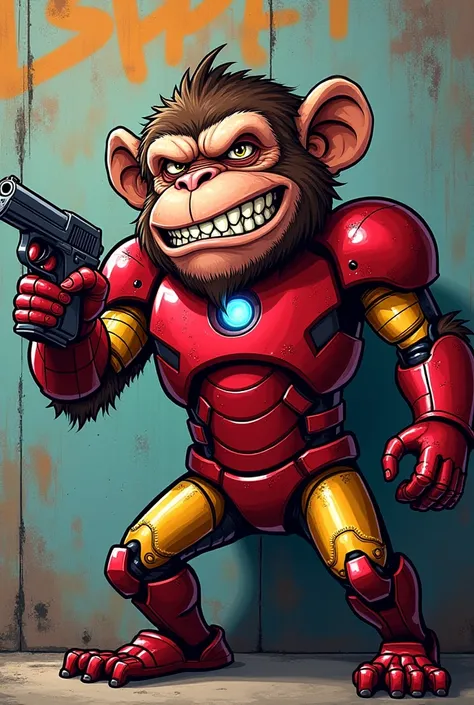 Evil monkey smiling , Wearing Iron Man's armor, Raising a pistol up graffiti cartoon style 