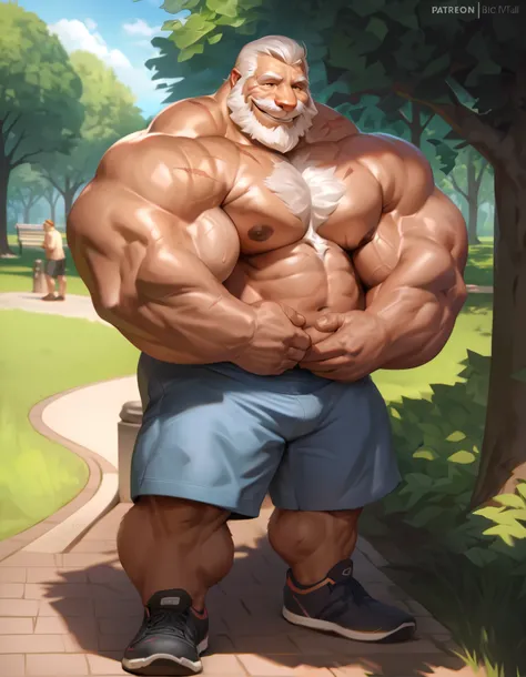 a man with big giant muscle tall body, old man, smile, happy, topless, shirtless. full body, standing, solo, very big, very tall, very muscular,chest scar, shorts, park, nipples,  masterpiece, semirealistic:1.2, high detailed, 8k, high resolution