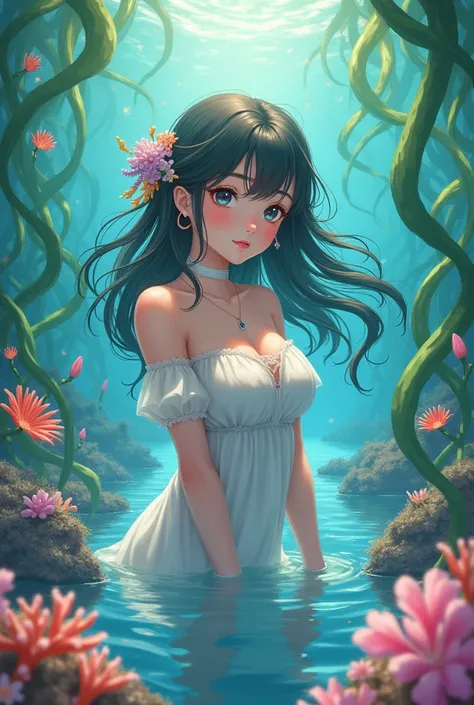 Anime girl in Del Mar with seaweed and marine decorations